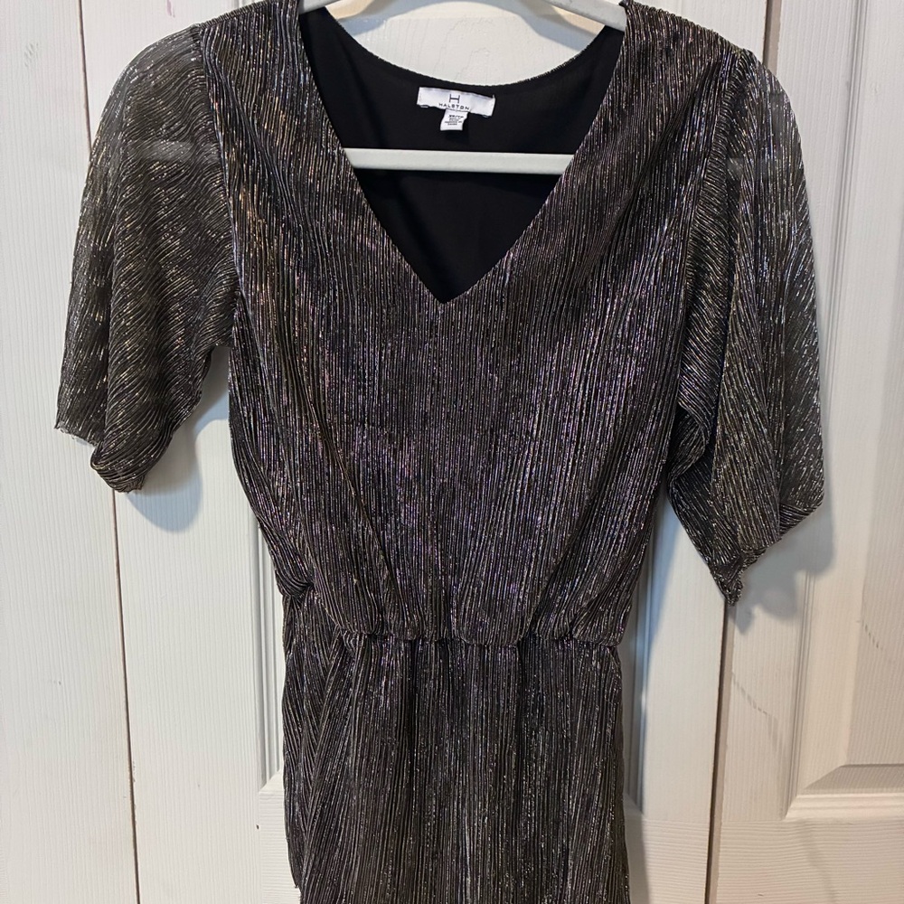 H by Halston Metallic Black & Gold Peplum Top/Blouse